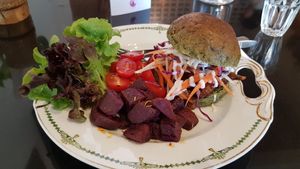 Mushroom burger with purple sweet potatoes. at Asa Vegan Kitchen and Studio in Chiang Mai