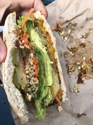 Veggie burger made vegan! ITS HUGE at The Fat Tui in Marahau