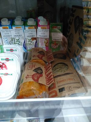 Seitan and some vegan milk in the back at Planteea - Drumul Taberei in Bucharest