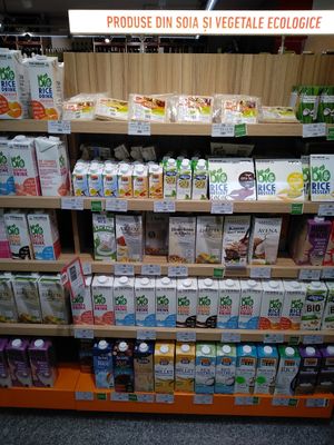 Vegan milk, tofu, cooking cream, dessert, horchata at Mega Image - General Gheorghe Magheru in Bucharest