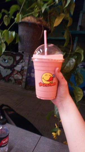 Strawberry milkshake--sweetened with dates!!  at Munchies Tha Phae Gate in Chiang Mai