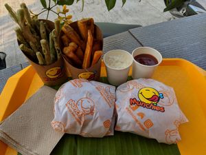 Cheeseburgers and 2 types of fries with truffel mayo and ketchup... So good! at Munchies Tha Phae Gate in Chiang Mai