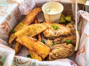 “Fish” and chips - very good! at Munchies Tha Phae Gate in Chiang Mai