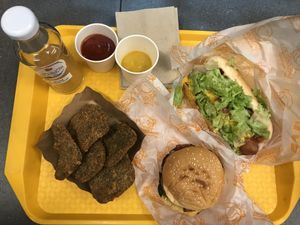 Hot dawg, cheeze burger, nuggets, kombucha at Munchies Tha Phae Gate in Chiang Mai