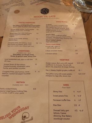 Menu at Rise in Bridport
