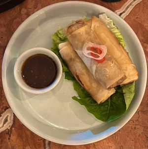 Jackfruit ‘duck’ spring rolls amazing   at Neon Palms in Seminyak