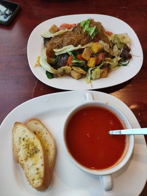 Tomato soup and noddles with tofu and vegetables at Mangrove in Krabi