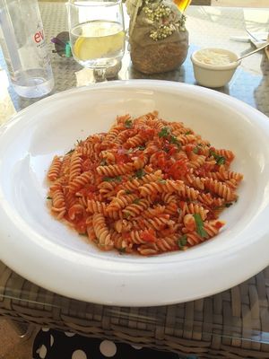 Fusilli with "spicy" sauce which wasn't actually spicy. at Tate Cafe Bar in Vittoriosa