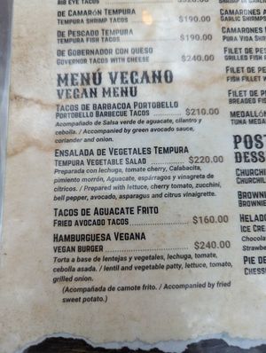 Vegan menu at Pura Vida in Mazatlan