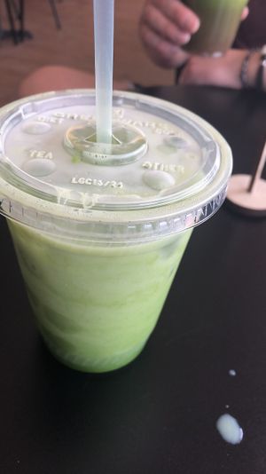 All compostable cups plates etc matcha latte  at Plantz Cafe in Dracut