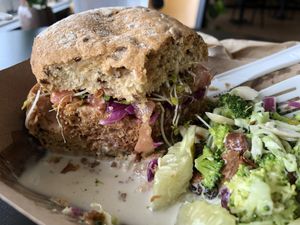 The ultimate vegan burger made with Beyond Meat. The broccoli cole slaw is the best I have ever had! The gruten bun is light and fresh, simply delicious. at Plantz Cafe in Dracut