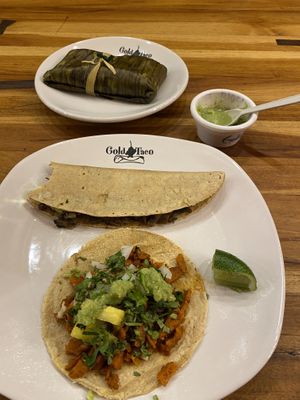 Mushroom taco, quesadilla and tamale at Gold Taco - Roma Norte in Mexico City