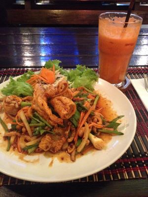 Thai style salad with crispy textured soy and a freshly pressed vegetable juice at Taste from Heaven in Chiang Mai