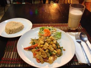 Panang curry, brown rice and soy milk at Taste from Heaven in Chiang Mai