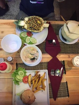 Pineapple fried rice, coconut soup, chicken burger at Taste from Heaven in Chiang Mai