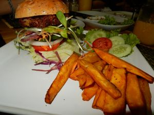 Veggie burger (vegan) bean patty at Taste from Heaven in Chiang Mai