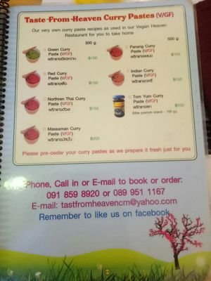 Menu at Taste from Heaven in Chiang Mai