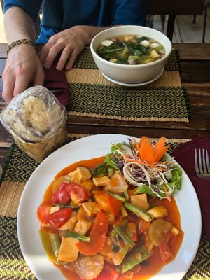 Sweet and sour stir fry with sticky rice.... so fckn good and the noodle soup at Taste from Heaven in Chiang Mai