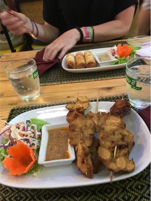 Mushroom satay skewers and vegetable spring rolls at Taste from Heaven in Chiang Mai