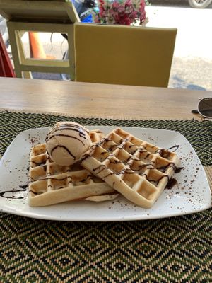 Waffles and vanilla ice cream, vegan!  at Taste from Heaven in Chiang Mai