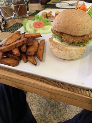 Vegan Chicken Burger with Sweet Potato Fries at Taste from Heaven in Chiang Mai