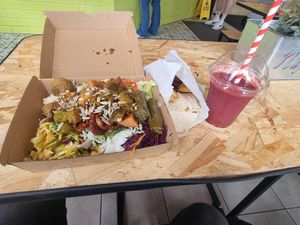 The Vegan mezze & Berry burst smoothie. at Falafel Corner in Cardiff