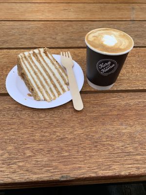 Vegan Honey cake and latte! :) at Nora and Nama in North West London