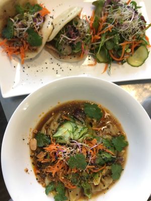 Vegan homemade dumplings and taco bao at Le caphe in Leipzig