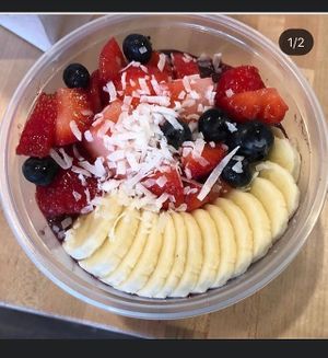 Berries with banana blueberry strawberry and coconut shred  at SoBol in East Meadow