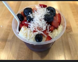 Berries with banana blueberry strawberry and coconut shred  at SoBol in East Meadow