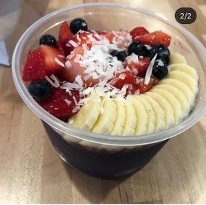 Berries with banana blueberry strawberry and coconut shred  at SoBol in East Meadow