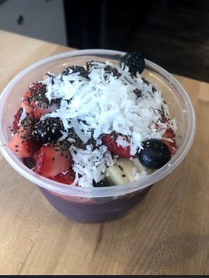 Berries with banana blueberry strawberry and coconut shred , chiaseed at SoBol in East Meadow