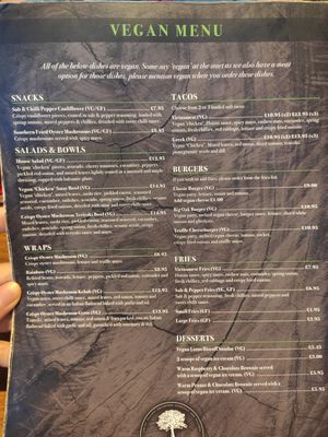 Back of the menu is the vegan menu with more choices at The Oakwood in Glossop
