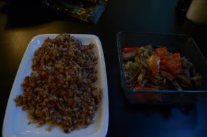 Buckwheat and Japanese noodle/vegetables dishes at Troitskiy Most - Liniya in St Petersburg