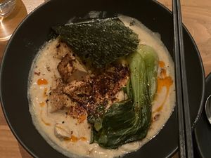 Almond udon: creamy sauce, Japanese mushrooms, too-salty tofu, mediocre noodles at Althea in Chicago