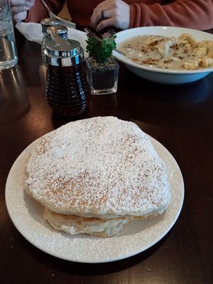 Pancakes and Tempeh Biscuits and Gravy at Honey B's in Frankenmuth