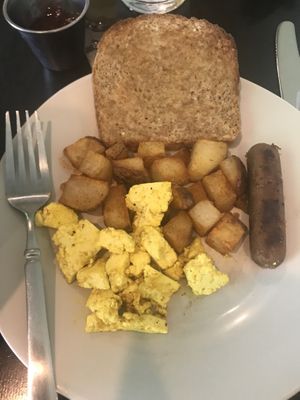 Mini Breakfast Plate: tofu eggs, potatoes, v.sausage, sprouted toast and strawberry jam at Honey B's in Frankenmuth