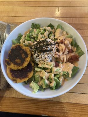Vegan sushi bowl w/ Sweet potato quinoa cakes  at Restoration Cafe in Manchester