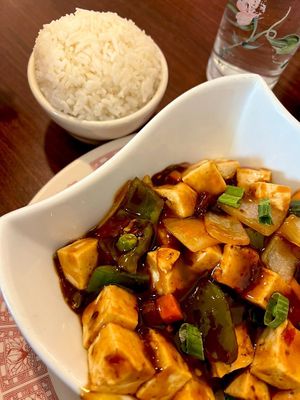Mapo tofu with ricee  at Oryza in Iowa City