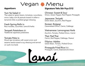 Their vegan menu - includes appetizers and several main dishes at Lanai in Rochester