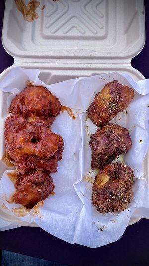 Maybe the best vegan wings I’ve ever had! I had half Buffalo and half lemon pepper!   at Vegan Exchange Weekly Market in North Hollywood