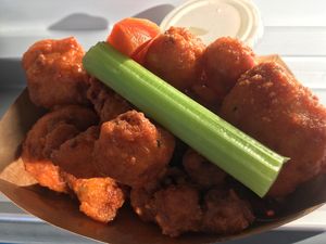 Buffalo cauliflower — amazing! at Vegan Exchange Weekly Market in North Hollywood