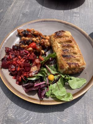 Vegan sausage roll with vegan salads  at The Yard Cafe in Kilkenny