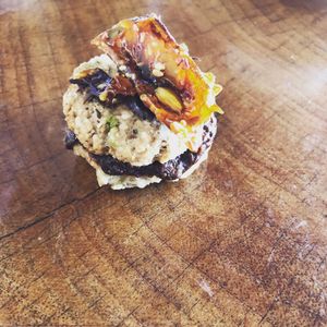 Vegan Peanut butter banana cookie W chocolate cashew filling. at HOOPS in Mandrem