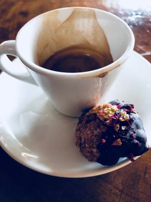 Fresh ground espresso W complimentary Vegan Rose cookie. at HOOPS in Mandrem