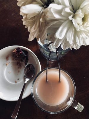 Subtle pink Rose tea W coconut Milk & homemade Rose syrup at HOOPS in Mandrem