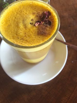 Customer special “TURMERIC COFFEE COCONUT” latte  at HOOPS in Mandrem