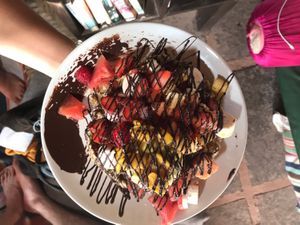 Vegan waffles with fruit salad and Hershey’s chocolate spread  at HOOPS in Mandrem