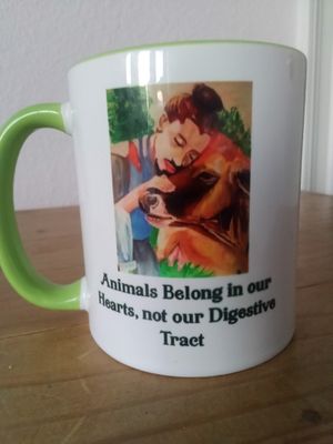 Original art mugs, t-shirts and posters available with vegan memes; by Linda Gordon, resident massage and colonic therapist  at Divine Grace Healing Retreats in Reno