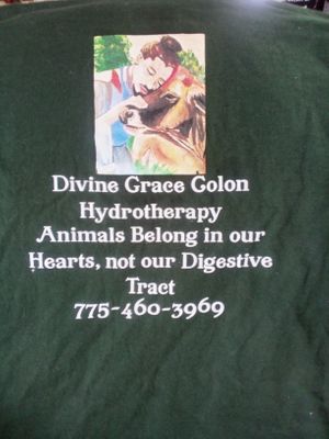 T-shirts are available with: ANIMALS BELONG IN OUR HEARTS, NOT OUR DIGESTIVE TRACT or  Leo Tolstoy quote, "As long as there are slaughter houses; there will be battlefields"  at Divine Grace Healing Retreats in Reno